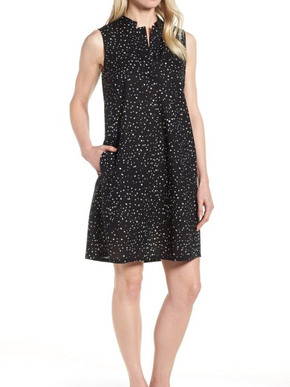 Eileen Fisher Dot Print Organic Cotton Shift Dress M Black White Pockets